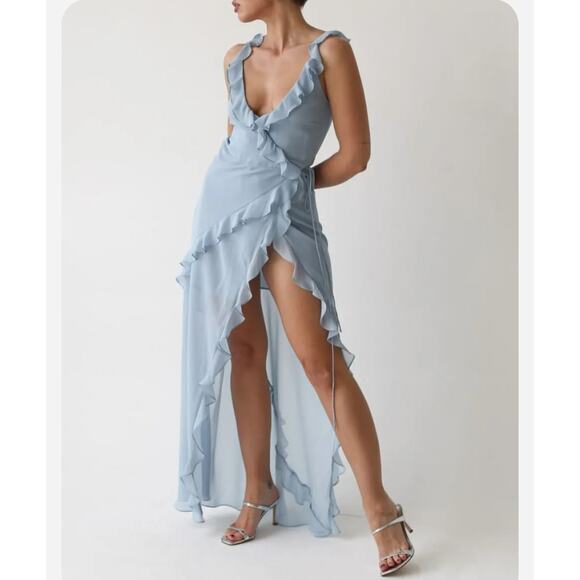 NEW Rumored Ruffle Wrap Maxi Dress Blue Angel Falls S - Picture 3 of 13